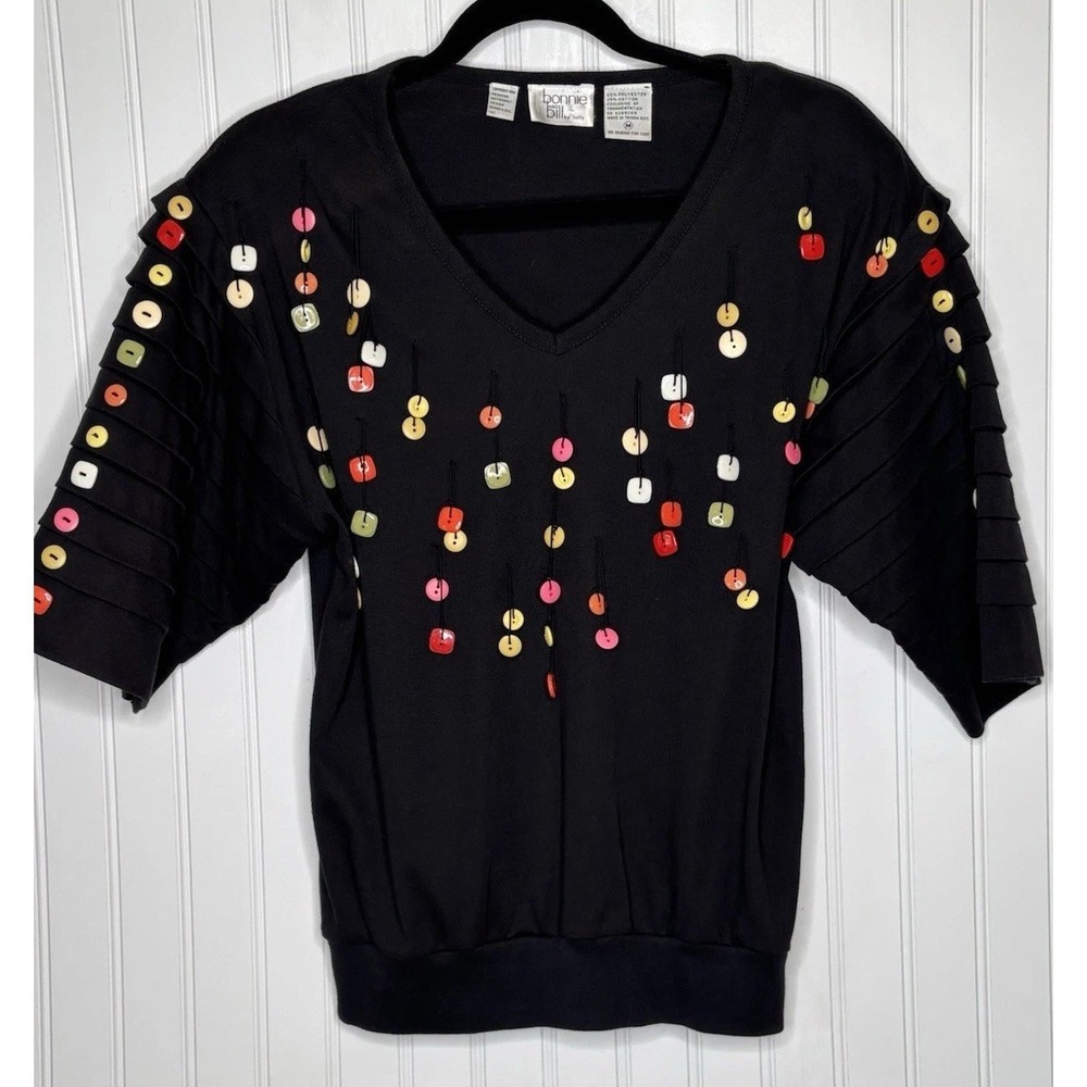 Vtg Bonnie & Bill by Holly 80-90's Black Top Shirt Med Pleated S/S Buttons Retro